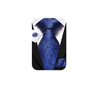 Hi-Tie Mens 70 inches Tie Set Extra Long Necktie With Cufflinks Handkerchief For Big and Tall Men Business Wedding, Blue, M