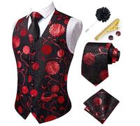 Hi-Tie Men's Black Red Waistcoat Silk Floral Jacquard Suit Vest Tie Pocket Square Cufflinks Set for Wedding Tuxedo