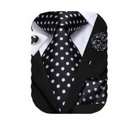 Hi-Tie Men's Black White Silk Polka Dot Woven Formal Tie Pocket Square Lapel Pin Cufflink Set for Wedding Party