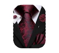 Hi-Tie Men's Burgundy Black Silk Jacquard Woven Formal Tie Pocket Square Lapel Pin Cufflink Set for Wedding Party