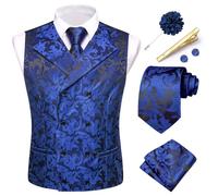 Hi-Tie Men's Dark Blue Double Breasted Suit Waistcoats Floral Silk Jacquard Suit Vest Necktie Pocket Square Set for Tuxedo