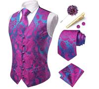 Hi-Tie Men's Hot Pink Suit Vest Paisley Jacquard V-Neck Waistcoat Silk Necktie Pocket Square Set for Wedding Tuxedo