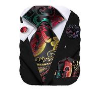 Hi-Tie Mens Multicolor Ties Silk Paisley Necktie Formal Green and Red Black Jacquard Ties Pocket Square Set for Wedding