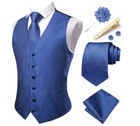 Hi-Tie Men's Royal Blue Waistcoat Formal V-Neck Silk Suit Vest Jacquard Necktie Pocket Square Set for Wedding Party