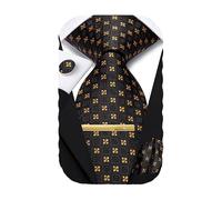 Hi-Tie Men's Silk Plaid Tie Black Gold Jacquard Formal Necktie Pocket Square Tie Clip for Wedding Business Party