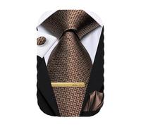 Hi-Tie Men's Silk Ties Brown Striped Jacquard Necktie Pocket Square Cufflinks Clip Set for Wedding Tuxedo