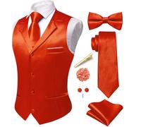 Hi-Tie Mens Solid Orange Waistcoats Silk Suit Waistcoat Tie Bowtie Clip Hanky Cufflinks Lapel Pin Set Tuxedo Business 7PCS