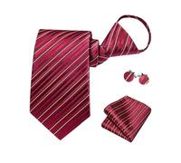 Hi-Tie Mens Stripe Pre-Tied Ties Red White Pocket Square Silk Necktie Cufflinks Formal Tie Sets Wedding Party