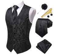 Hi-Tie Mens Suit Vest and Tie Set V-Neck Silk Paisley Formal Waistcoat Necktie Pocket Square Set for Wedding, A Black, XL