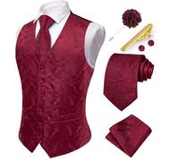 Hi-Tie Mens Suit Vest and Tie Set V-Neck Silk Paisley Formal Waistcoat Necktie Pocket Square Set for Wedding, Burgundy, Medium