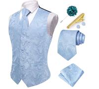 Hi-Tie Mens Suit Vest and Tie Set V-Neck Silk Paisley Formal Waistcoat Necktie Pocket Square Set for Wedding, Sky Blue, XL