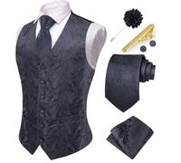 Hi-Tie Mens Suit Vest and Tie Set V-Neck Silk Paisley Formal Waistcoat Necktie Pocket Square Set for Wedding, Dark Grey, S