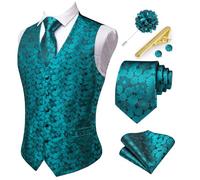 Hi-Tie Mens Suit Vest and Tie Set V-Neck Silk Paisley Formal Waistcoat Necktie Pocket Square Set for Wedding, Teal, S