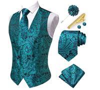 Hi-Tie Men's Suit Vest Silk Vest and Tie Set Paisley Waistcoat Necktie Pocket Square Set for Wedding Tuxedo, Teal, Large