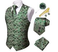 Hi-Tie Men's Suit Vest Silk Vest and Tie Set Paisley Waistcoat Necktie Pocket Square Set for Wedding Tuxedo, A Light Green, XL