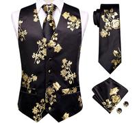 Hi-Tie Mens Suit Vest Tie set Classic Waistcoat and Necktie Handkerchief Cufflinks Suit Wedding Party, Gold Black, Medium