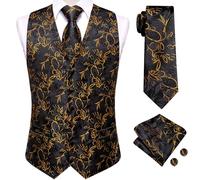 Hi-Tie Mens Suit Vest Tie set Classic Waistcoat and Necktie Handkerchief Cufflinks Suit Wedding Party, Black Gold, XXXL