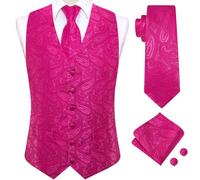 Hi-Tie Mens Suit Vest Tie set Classic Waistcoat and Necktie Handkerchief Cufflinks Suit Wedding Party, Hot Pink, Medium