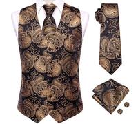 Hi-Tie Mens Suit Vest Tie set Classic Waistcoat and Necktie Handkerchief Cufflinks Suit Wedding Party, Rose Black Gold, Medium