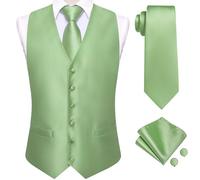 Hi-Tie Mens Suit Vest Tie set Classic Waistcoat and Necktie Handkerchief Cufflinks Suit Wedding Party, Sage Green, Large