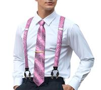 Hi-Tie Men's Suspenders and Tie Set Adjustable Y Braces and Pocket Square Set Strong 6 Clips for Tuxedo Wedding Prom, Black Pink, M