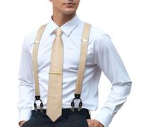 Hi-Tie Men's Suspenders and Tie Set Silk Adjustable Elastic Y Braces with Strong 6 Clips Pocket Square Set, Champagne, M