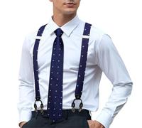 Hi-Tie Men's Suspenders and Tie Set Silk Adjustable Elastic Y Braces with Strong 6 Clips Pocket Square Set, C Navy Blue, M