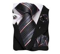 Hi-Tie Mens Tie Lapel Pin Set Pocket Square Cufflinks Woven Silk Ties for Men Wedding Formal,Black Pink Stripe Dots