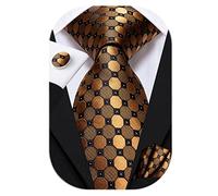 Hi-Tie Mens Tie Set Brown Gold Polka Dot Silk Necktie with Pocket Square Cufflinks Set Formal Necktie for Wedding