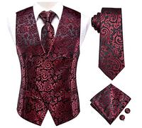Hi-Tie Mens Waistcoat Slim Fit Paisley Vest for Men Waistcoat Tie Pocket Square Cufflinks Set,Red Black paisley,XXL