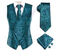 Hi-Tie Mens Waistcoat Slim Fit Paisley Vest for Men Waistcoat Tie Pocket Square Cufflinks Set,Teal paisley,3XL