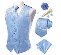 Hi-Tie Men's Waistcoats Light Blue Formal Silk Paisley Floral Suit Vest Jacquard Necktie Pocket Square Set for Wedding