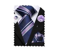 Hi-Tie Navy Lavender Ties for Men Silk Mens Tie Striped Necktie Pocket Square Cufflinks Flower Lapel Pin Set for Business