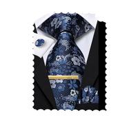 Hi-Tie Navy Silver Extra Long Ties for Men 70'' Silk Mens Floral Tie Clip Pin Set Necktie Pocket Square Cufflinks for Party