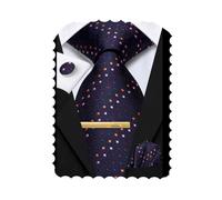 Hi-Tie Novelty 70" Navy Extra Long Ties for Men Silk Mens Ties and Pocket Square Cufflinks Clip Pin Set 4PCS Necktie
