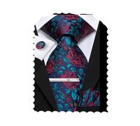 Hi-Tie Novelty Navy Red Ties for Men Silk Floral Men's Ties Set 4 PCS Necktie Pocket Square Cufflinks Clip Pin for Wedding