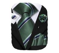 Hi-Tie Olive Green Ties for Men Striped Formal Necktie Silk Ties and Pocket Square Lapel Pin Set for Wedding Party