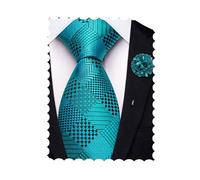 Hi-Tie Peacock Blue Extra Long Ties for Men Silk 63'' Mens Ties and Flower Lapel Pin Set Geometric Necktie for Business