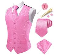 Hi-Tie Pink Waistcoats for Men Paisley Formal Suit Vest Wedding Silk Waistcoat Jacquard Necktie Pocket Square Set