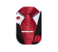 Hi-Tie Red Floral Ties for Men Silk Mens Tie and Pocket Square Cufflinks Clip Pin Set 4 PCS Necktie for Wedding Business