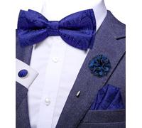 Hi-Tie Royal Blue Silk Pre-tied Bow Tie for Men Clip On Mens Bowtie Adjustable Bow Tie Flower Lapel Pin Hanky Cufflinks Set