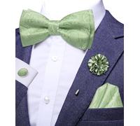 Hi-Tie Sage Green Bow Ties for Men Silk Pre-tied Mens Bow Tie Set Clip On Adjustable Bowtie Flower Lapel Pin Hanky Cufflinks