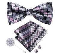 Hi-Tie Silver Black Pink Pre-Tied Bowties for Men Silk Clip On Mens Plaid Bowtie Pocket Square Cufflinks Set for Wedding