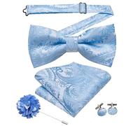Hi-Tie Sky Blue Silk Bow Ties for Men Clip On Pre-tied Mens Adjustable Bowtie Flower Lapel Pin Pocket Square Cufflinks Set