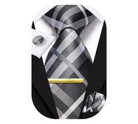 Hi-Tie Ties for Men Neck Tie Pocket Square Set Wedding Formal Cufflinks Tie Clip 4PC Formal Suit Tie Set,8 Grey White Plaid