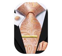 Hi-Tie Ties for Men Neck Tie Pocket Square Set Wedding Formal Cufflinks Tie Clip 4PC Formal Suit Tie Set,Light Orange Paisley