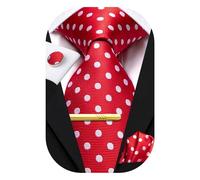 Hi-Tie Ties for Men Neck Tie Pocket Square Set Wedding Formal Cufflinks Tie Clip 4PC Formal Suit Tie Set,Red White Dots