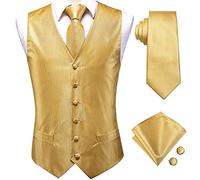 Hi-Tie Vest Set Formal Suit Waistcoat Necktie Handky Cufflinks Formal Set Vest for Tuxedo Wedding Party Businesss,gold plaid,3XL