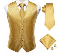 Hi-Tie Vest Set Formal Suit Waistcoat Necktie Handky Cufflinks Formal Set Vest for Tuxedo Wedding Party Businesss,gold paisley,3XL