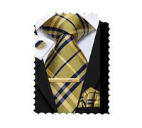 Hi-Tie Yellow Navy Extra Long Ties for Men Silk 70'' Plaid Checks Mens Ties Clip Pin Set 4 PCS Necktie Hanky Cufflinks